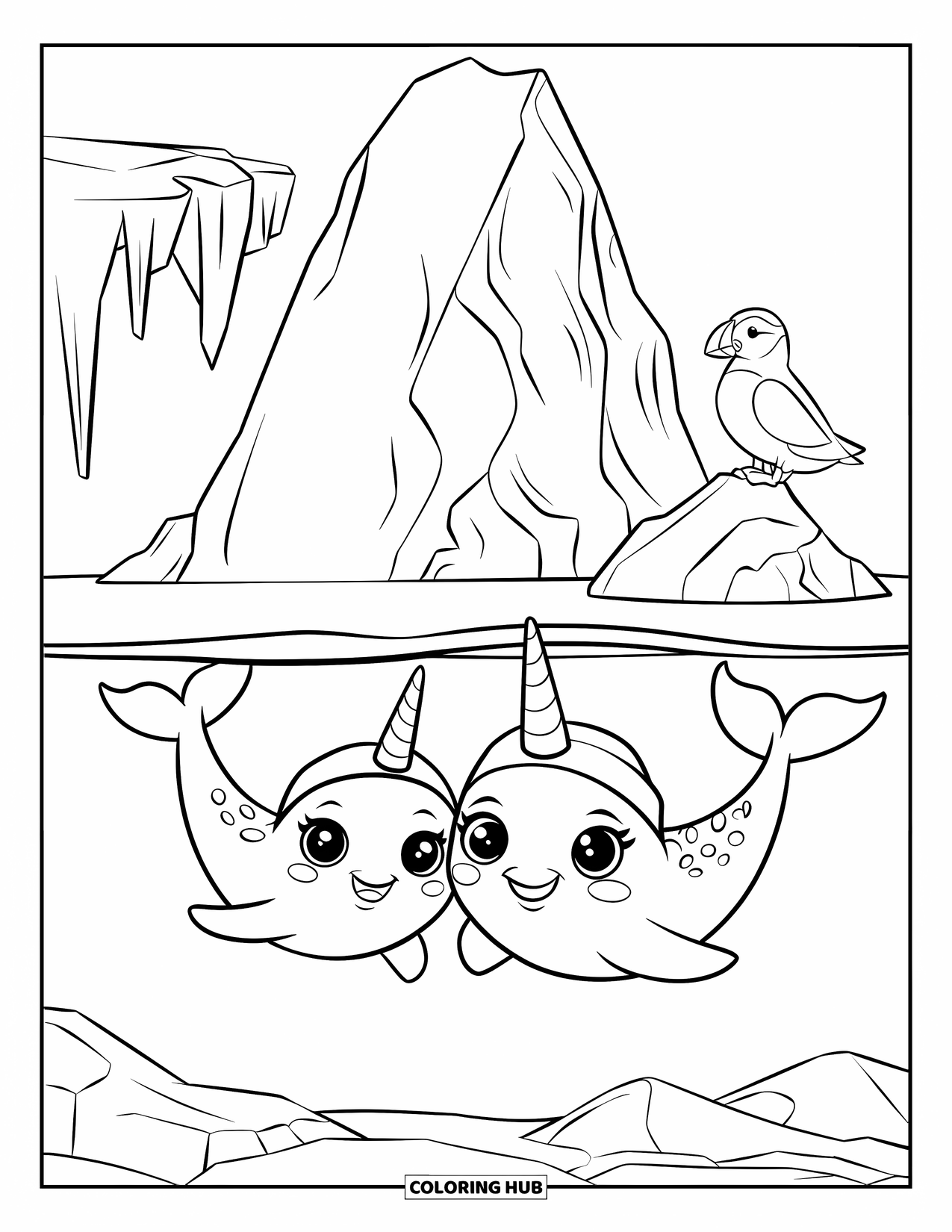 Arctic Animals Coloring Page for Kids: Two narwhals with hats swim playfully under icy cliffs