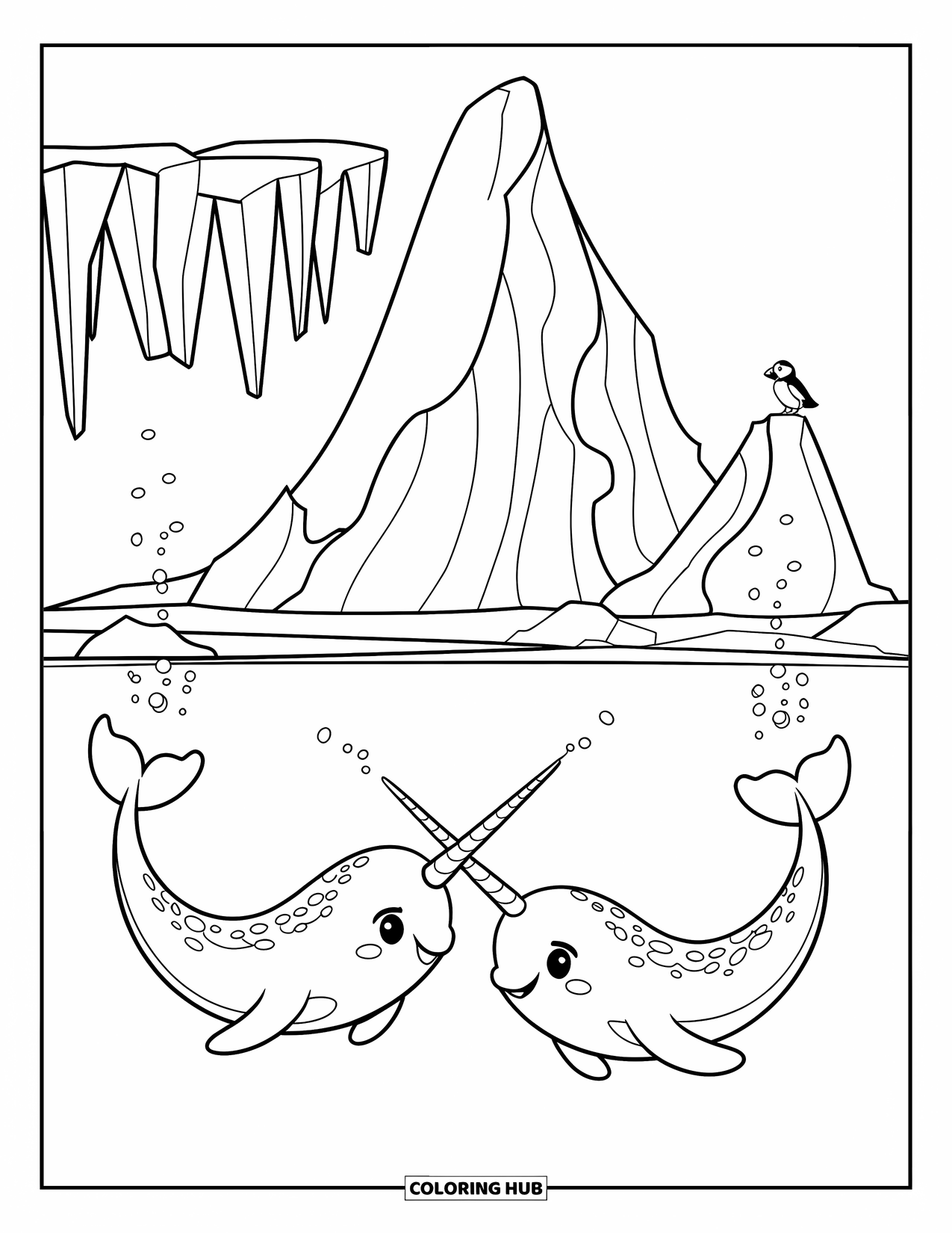 Arctic Animals Coloring Page for Kids: Two smiling narwhals swim side by side beneath an iceberg