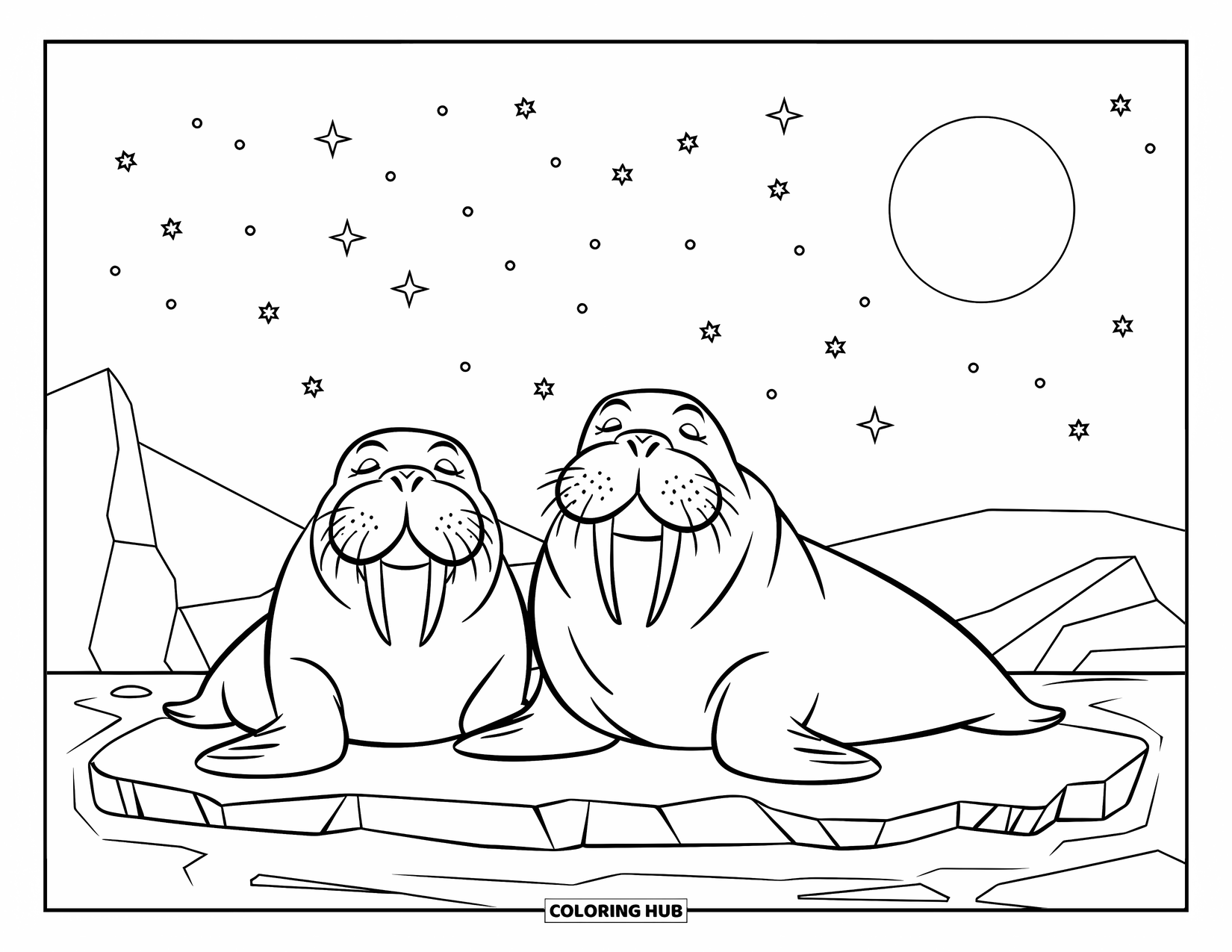 Arctic Animals Coloring Page for Kids: Two walruses nap on a floating ice floe under the moon