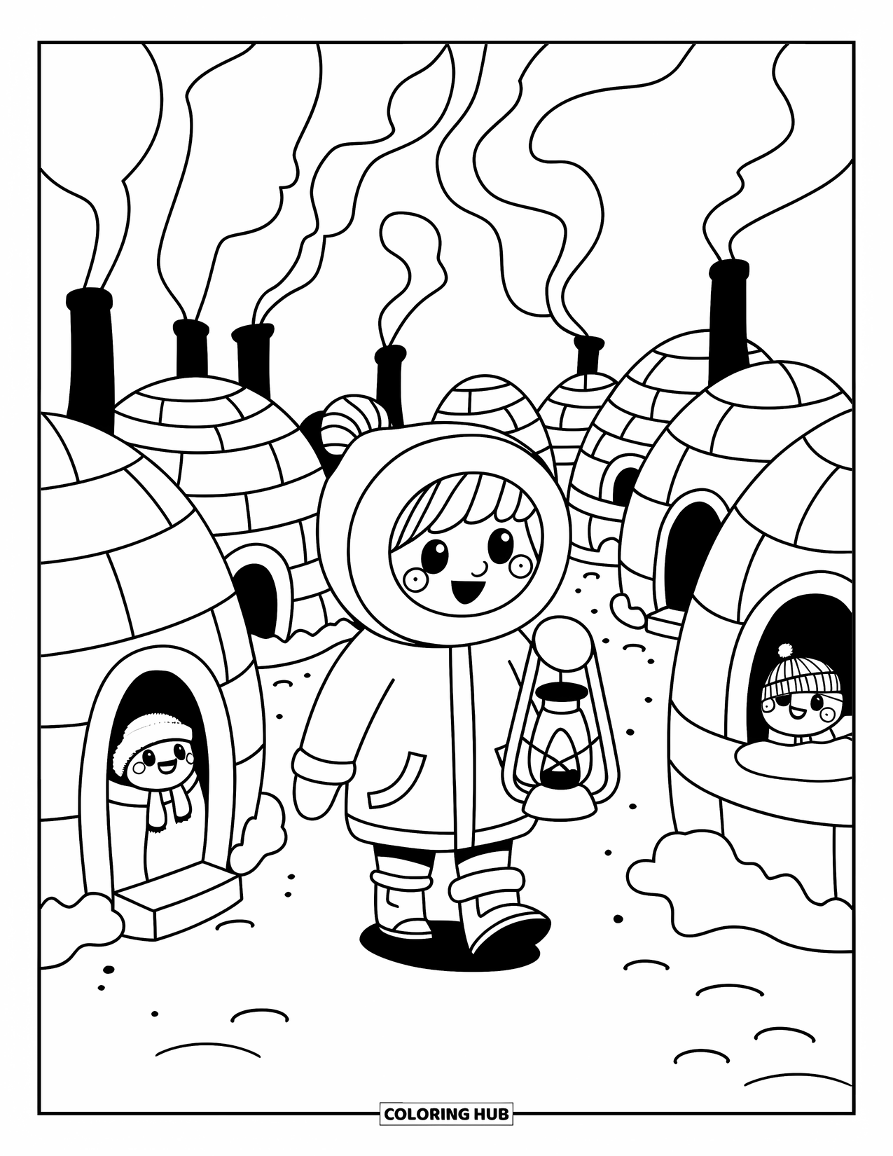 Arctic Coloring Page for Adults: A cheerful child with a lantern walks through a glowing igloo village