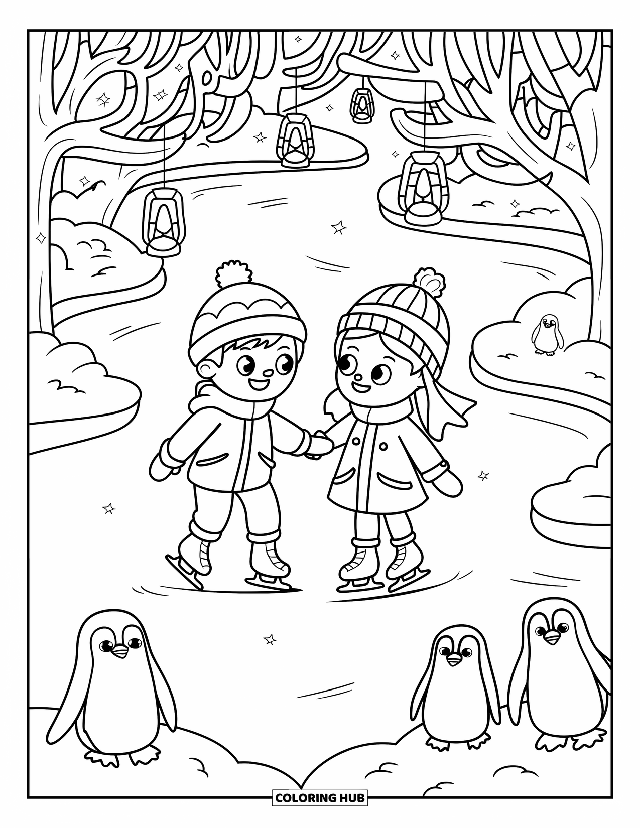 Arctic Coloring Page for Adults: A couple skates together on ice surrounded by lantern-lit trees