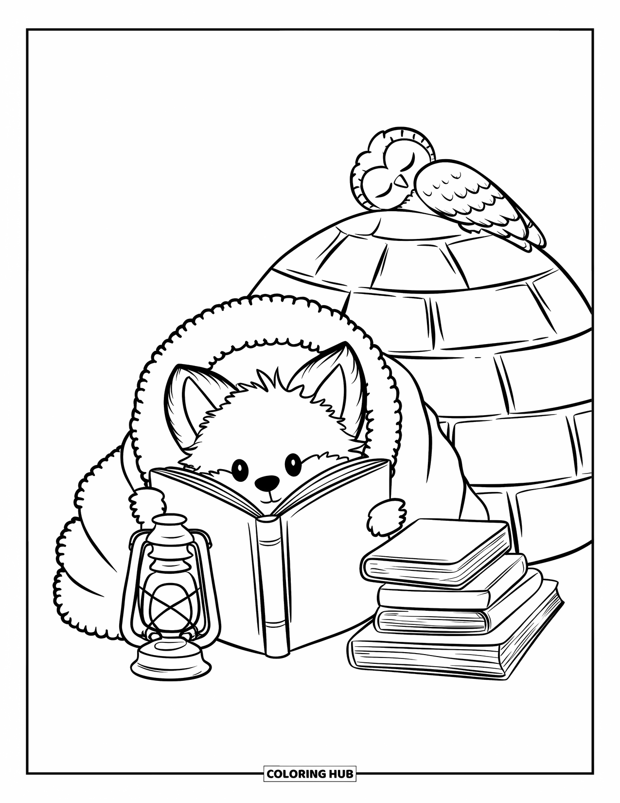 Arctic Coloring Page for Adults: A cozy Arctic fox reads a book near a lantern and a sleeping owl