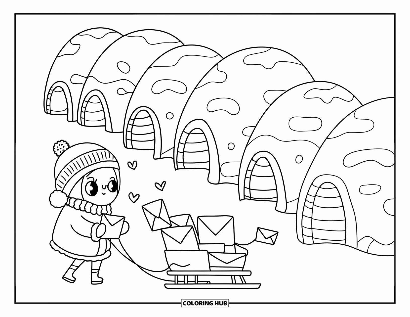 Arctic Coloring Page for Adults: A cute mail carrier in winter clothes delivers mail to snowy igloos