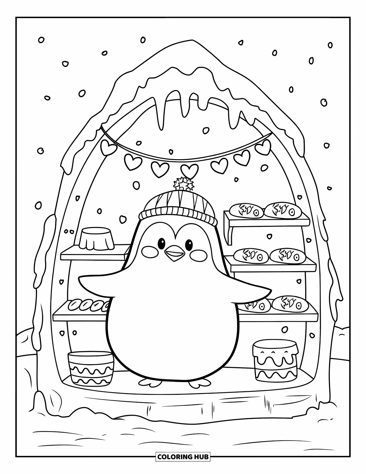 Arctic Coloring Page for Adults: A cute penguin with a cap displays pastries in a cozy ice bakery