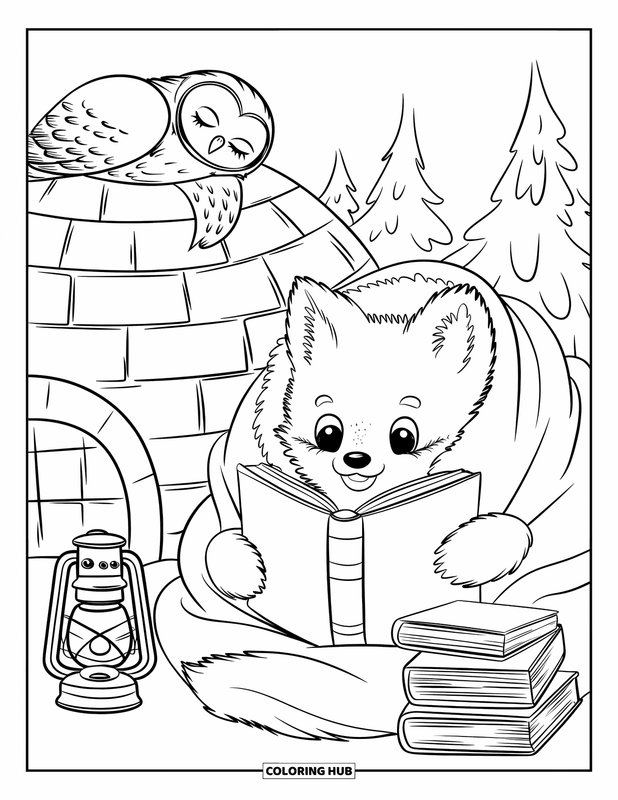 Arctic Coloring Page for Adults: A fluffy fox reads peacefully beside a lantern under snowy skies