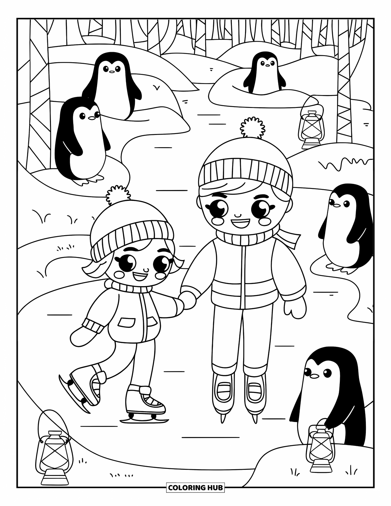 Arctic Coloring Page for Adults: A happy couple skates on a pond watched by penguins and lanterns