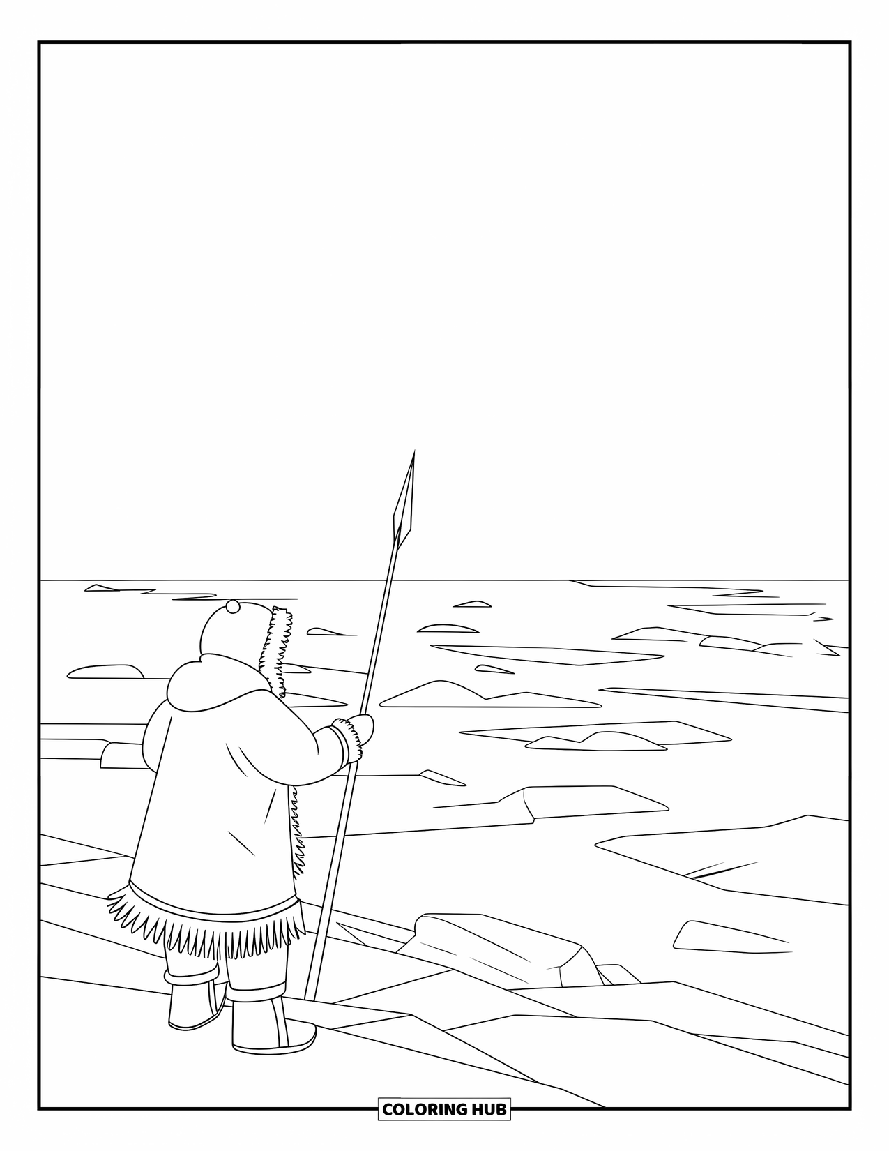 Arctic Coloring Page for Adults: A hunter in a parka watches waves crash against the frozen sea