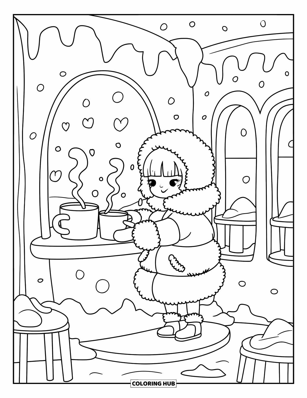 Arctic Coloring Page for Adults: A kawaii girl serves warm drinks inside a tiny ice café