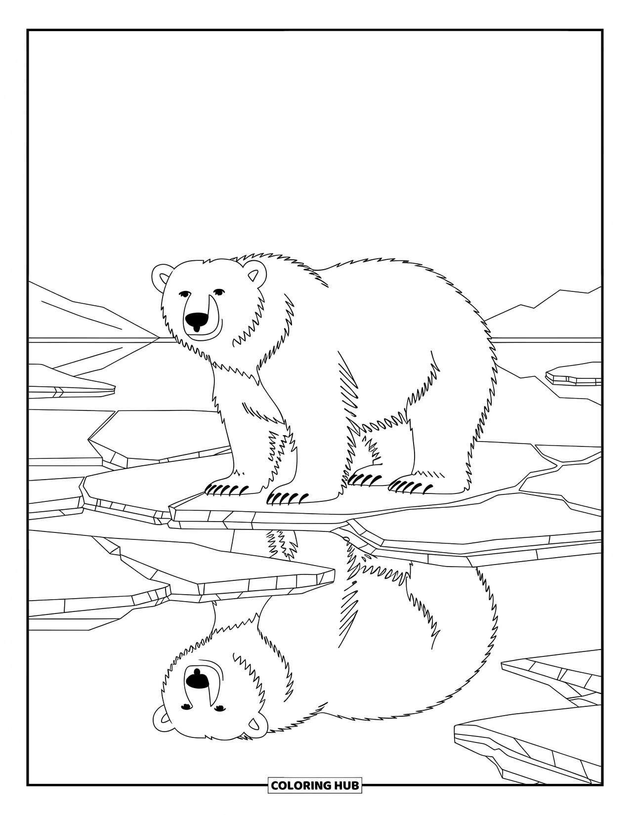 Arctic Coloring Page for Adults: A majestic polar bear stands on cracked ice above calm Arctic water