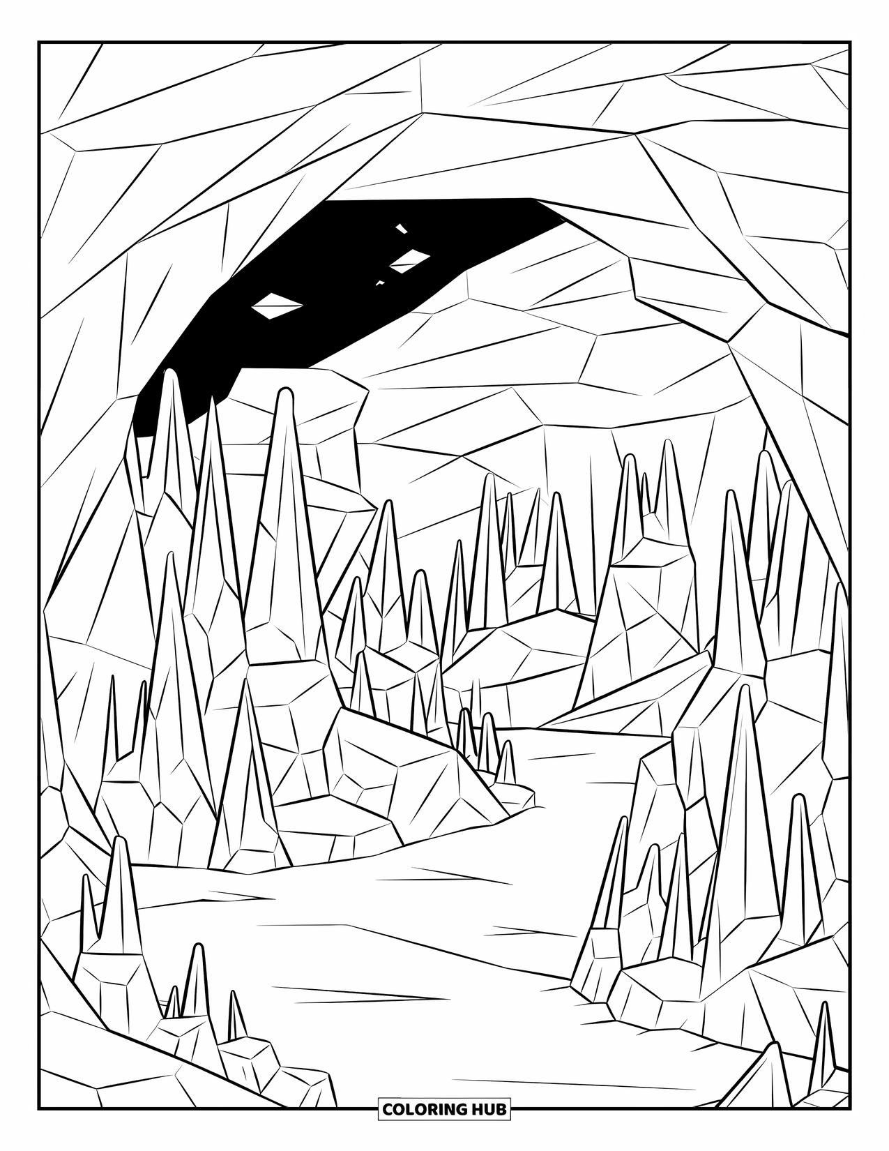 Arctic Coloring Page for Adults: A smooth ice cave filled with tall, geometric crystal shapes