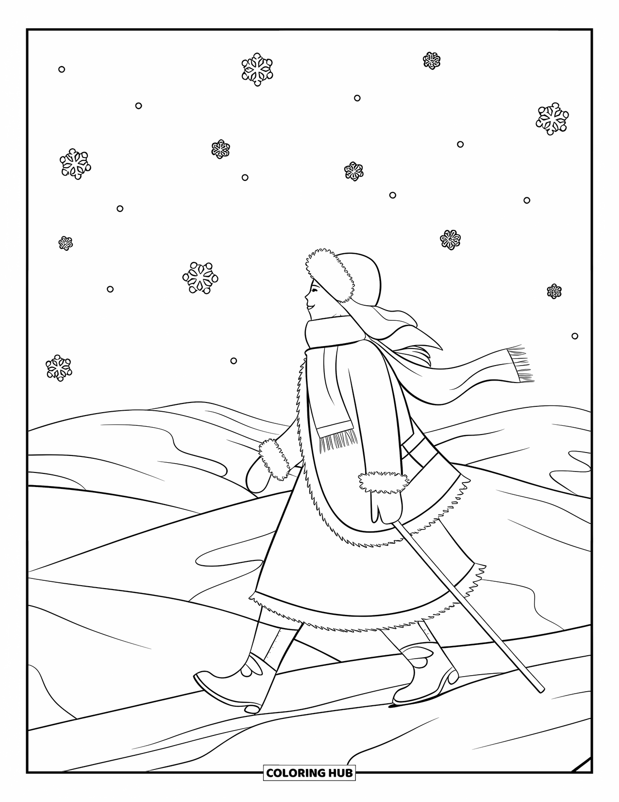 Arctic Coloring Page for Adults: A traveler in a parka walks through snowy dunes under falling snow