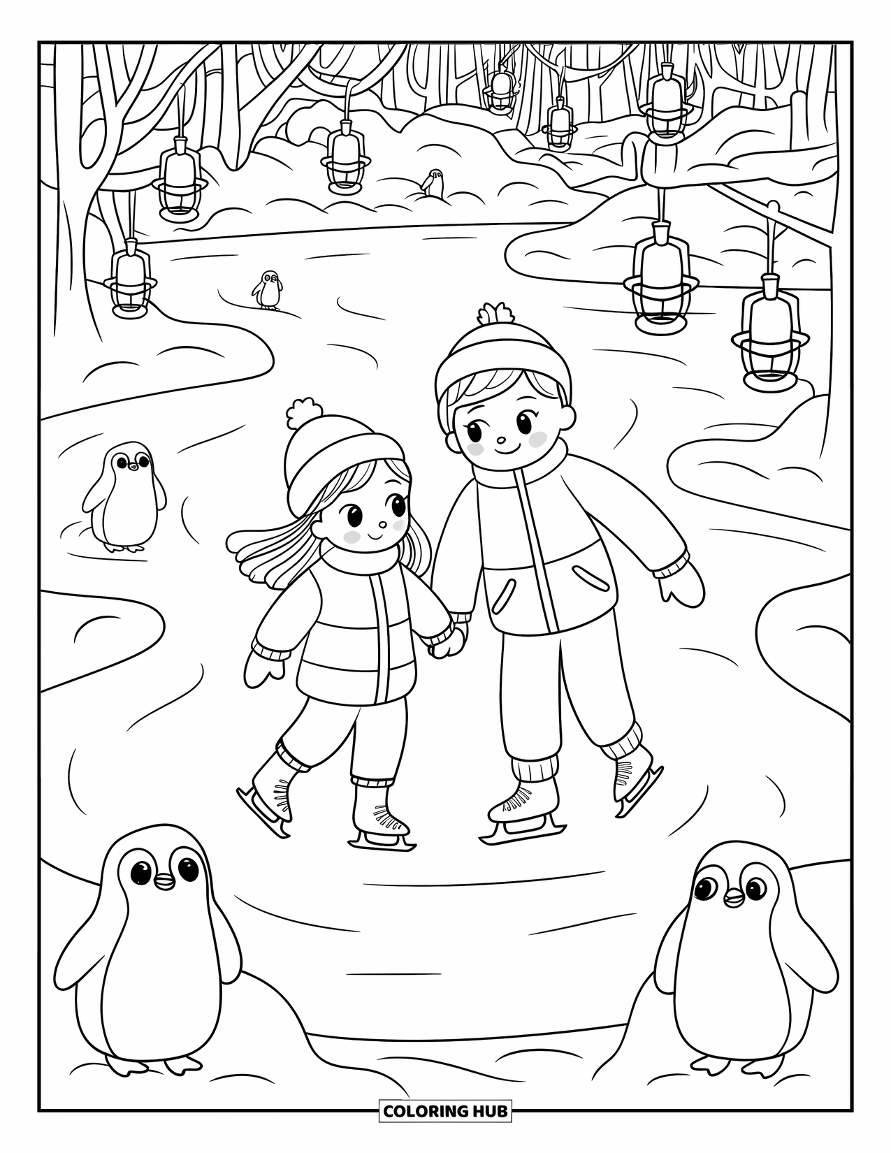 Arctic Coloring Page for Adults: A young couple skates hand in hand on a frozen pond
