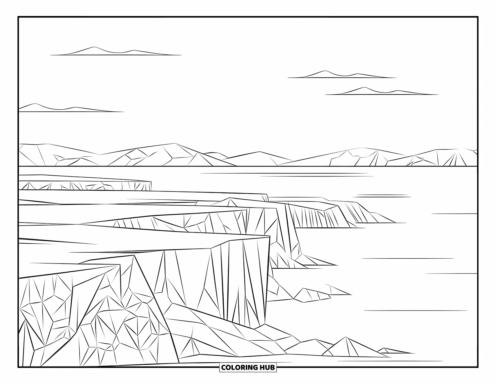 Arctic Coloring Page for Adults: An Arctic landscape with frozen cliffs, glaciers, and a calm sky
