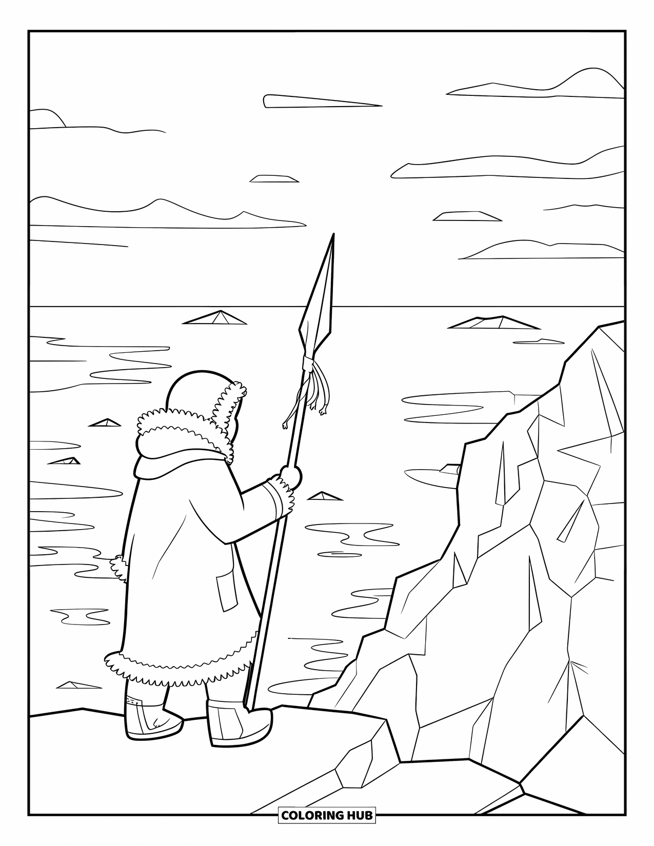 Arctic Coloring Page for Adults: An Inuit hunter stands on a rocky cliff overlooking the icy sea