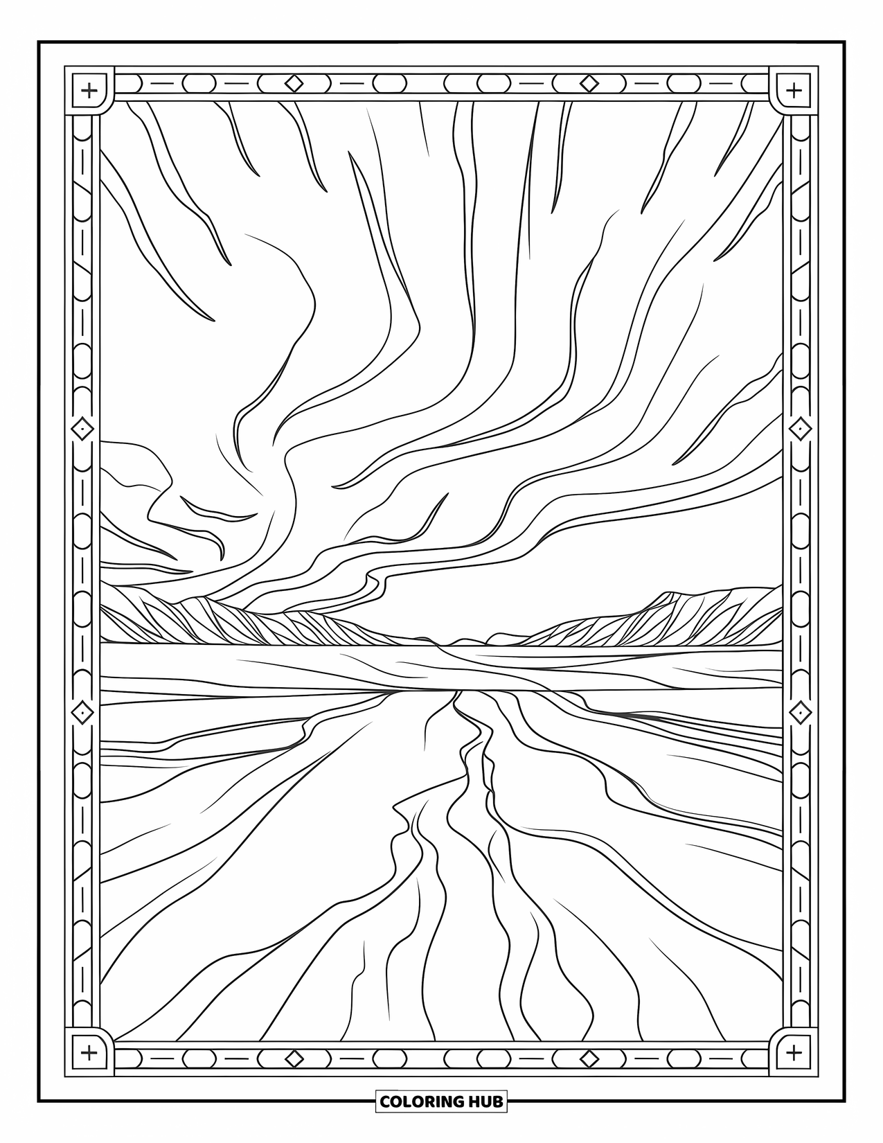 Arctic Coloring Page for Adults: Flowing auroras light up a snowy tundra with trees and rocks
