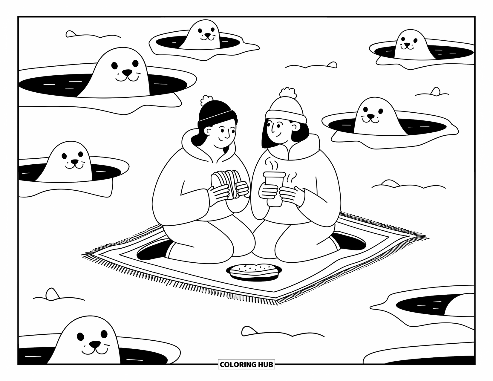Arctic Coloring Page for Adults: Friends enjoy sandwiches on ice as seals watch from nearby holes