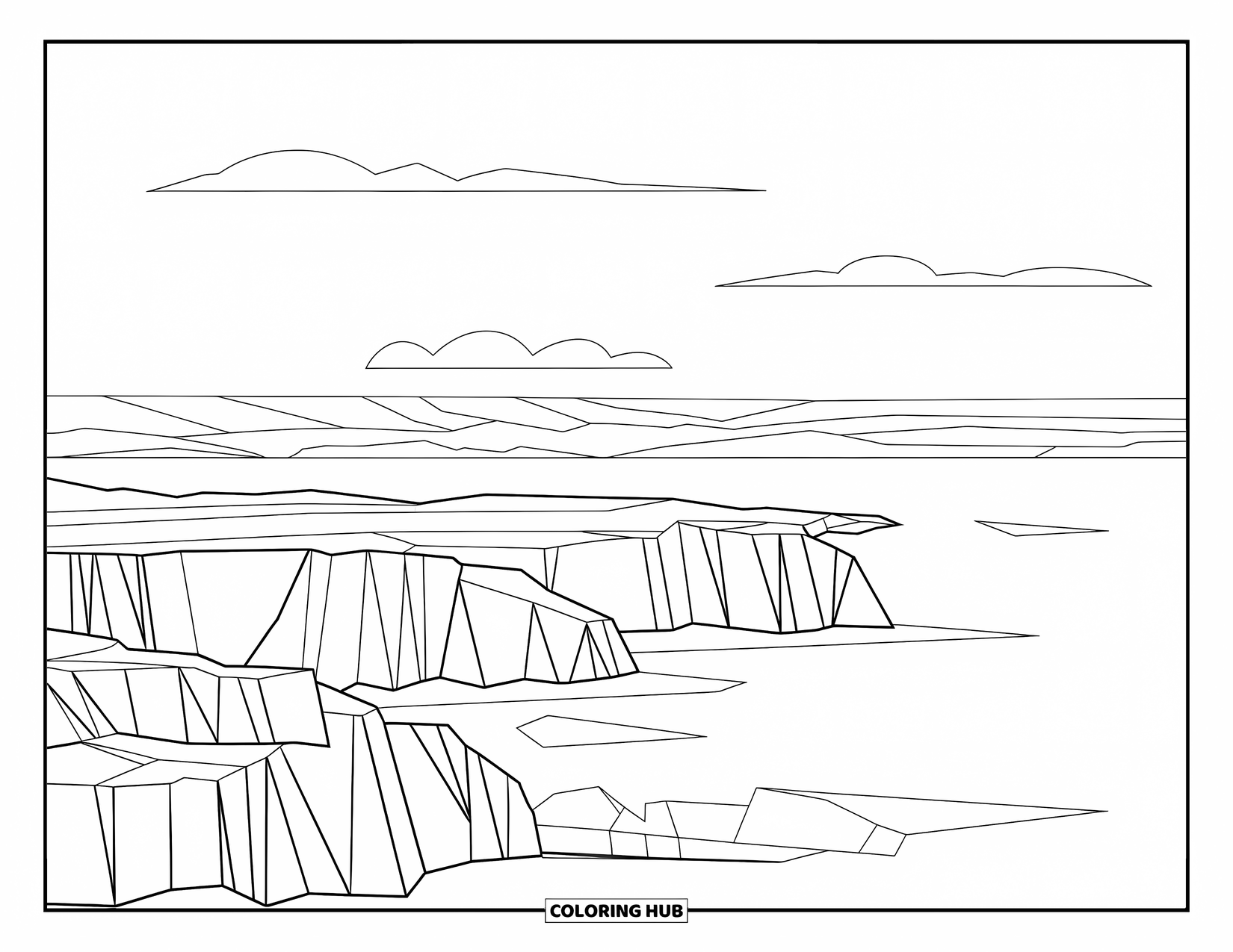Arctic Coloring Page for Adults: Frozen cliffs and glaciers under a serene sky create a calm Arctic scene