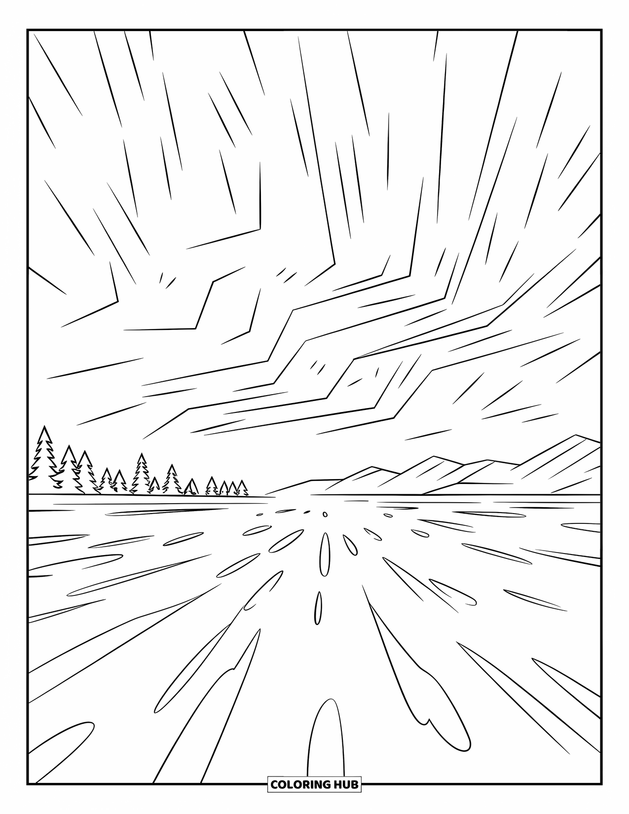 Arctic Coloring Page for Adults: Northern Lights glow above a tundra with trees and mountains