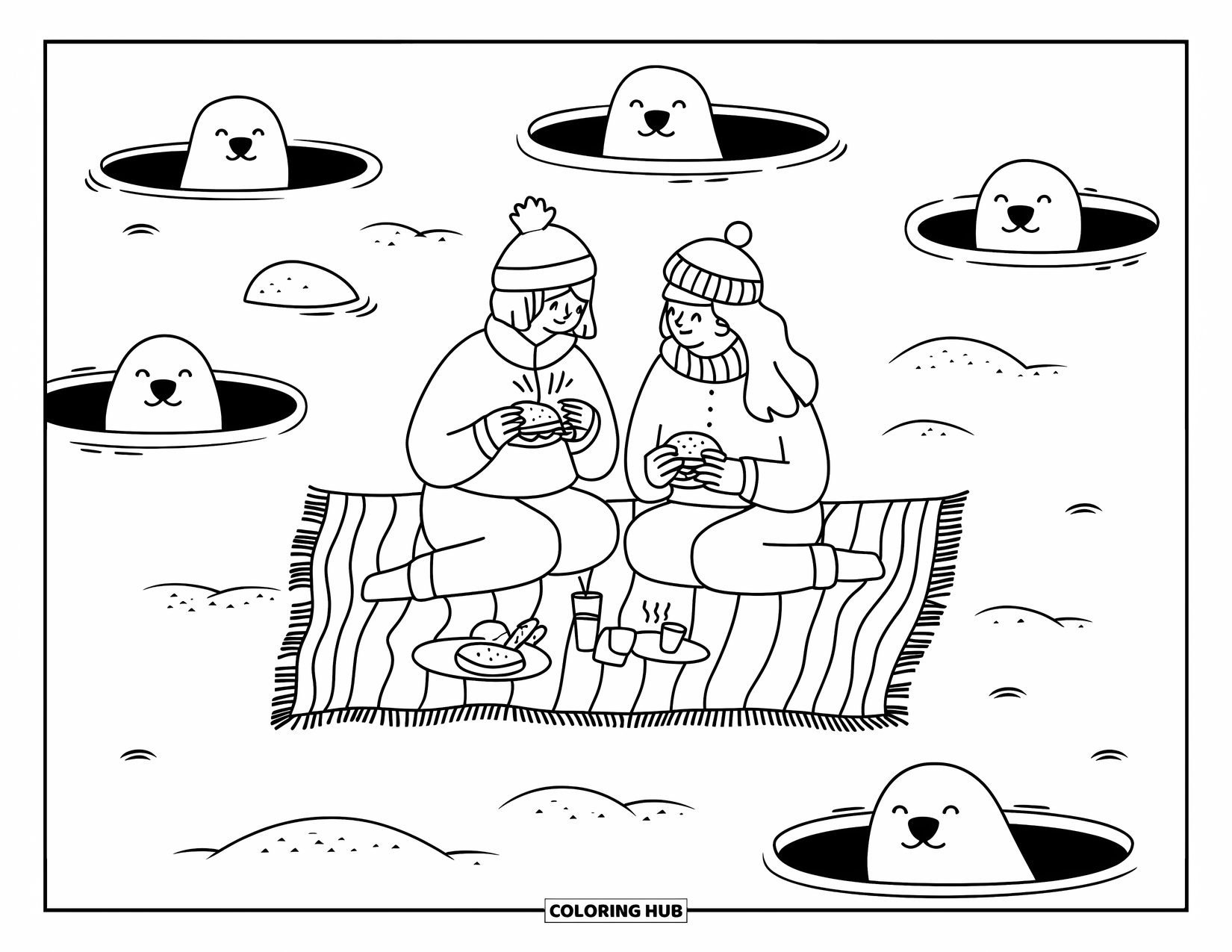 Arctic Coloring Page for Adults: Two friends share snacks on ice while curious seals peek nearby