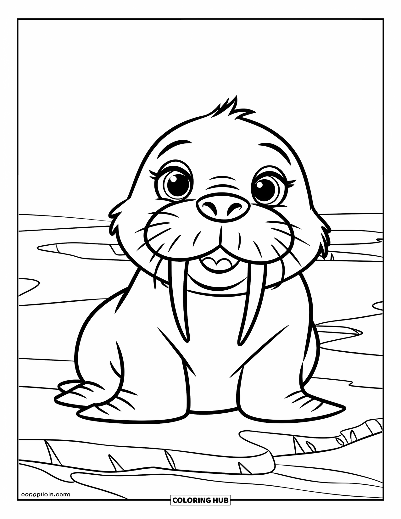Arctic Coloring Page for Kids: A baby walrus with tiny tusks sits playfully on the ice