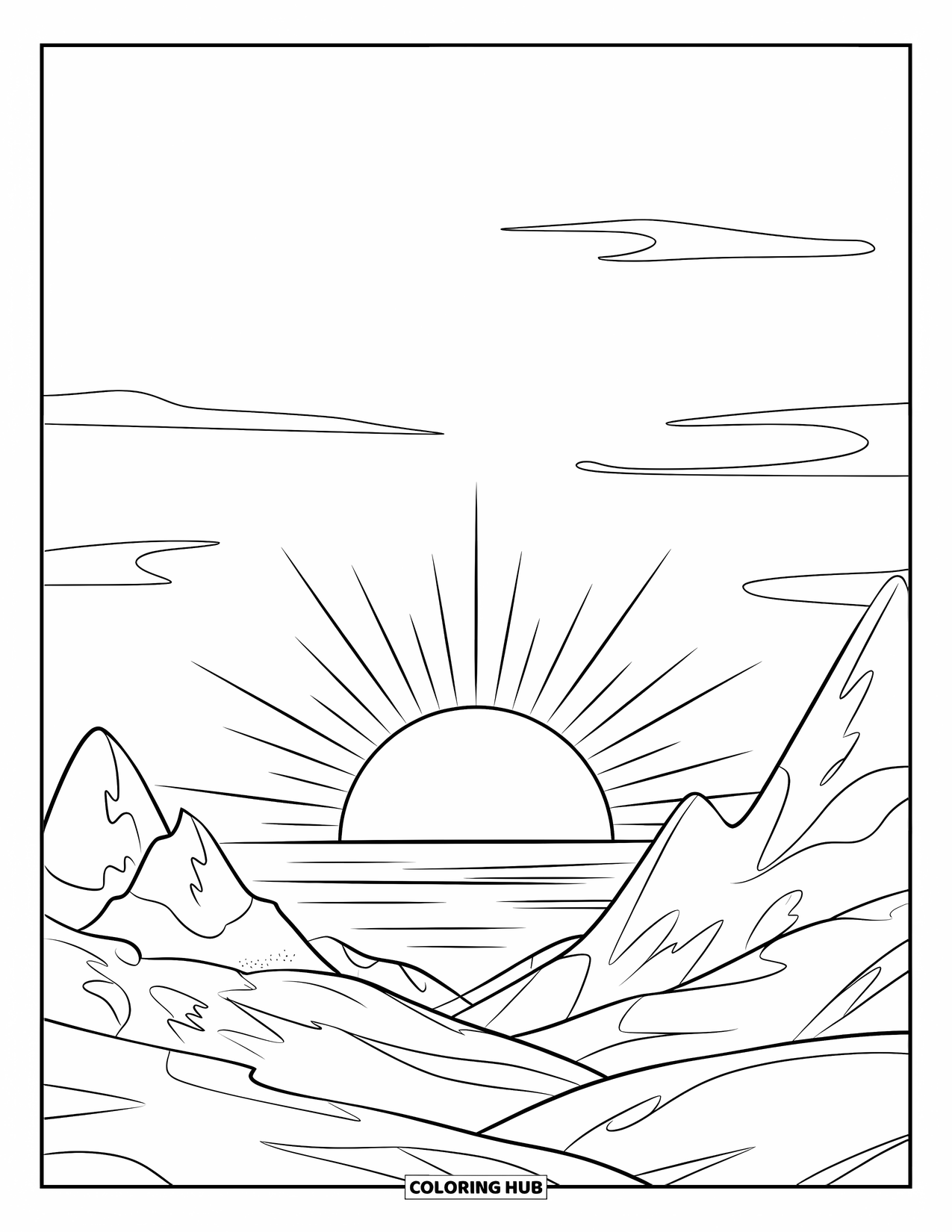 Arctic Coloring Page for Kids: A bright sun rises over snowy peaks beneath soft clouds