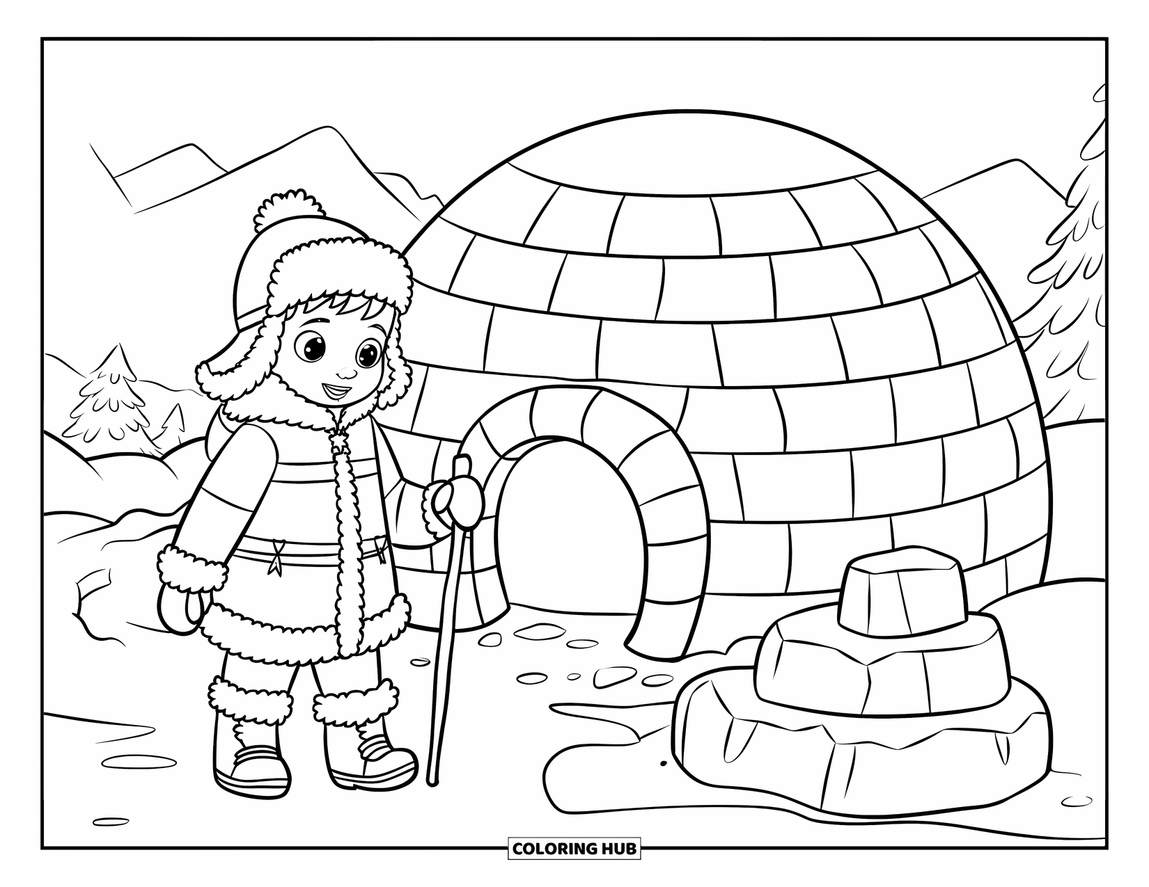 Arctic Coloring Page for Kids: A bundled-up child with a stick stands by an igloo and snowy trees