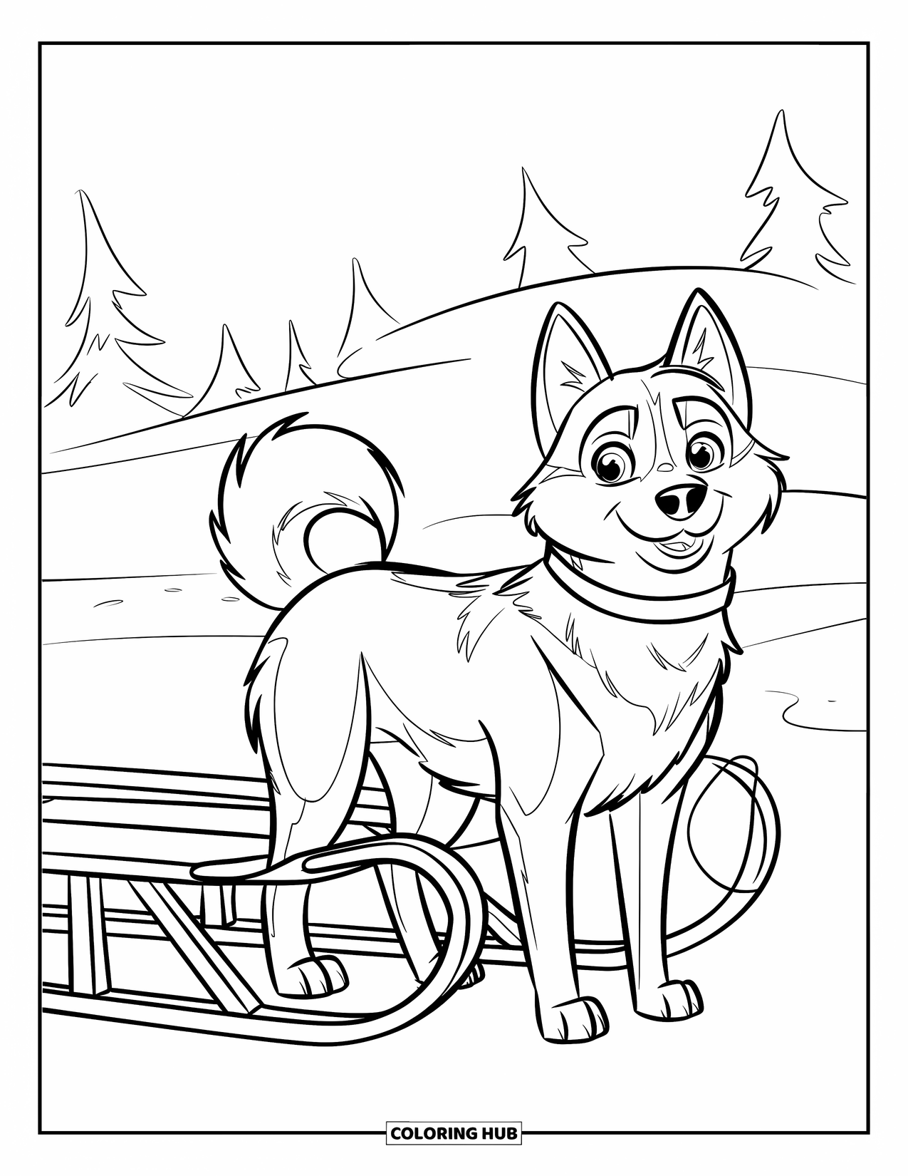 Arctic Coloring Page for Kids: A cheerful husky stands near a sled surrounded by snowy trees
