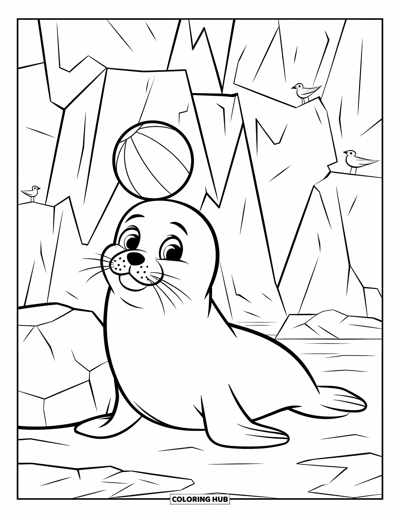 Arctic Coloring Page for Kids: A cheerful seal balances a ball beside jagged icy rocks