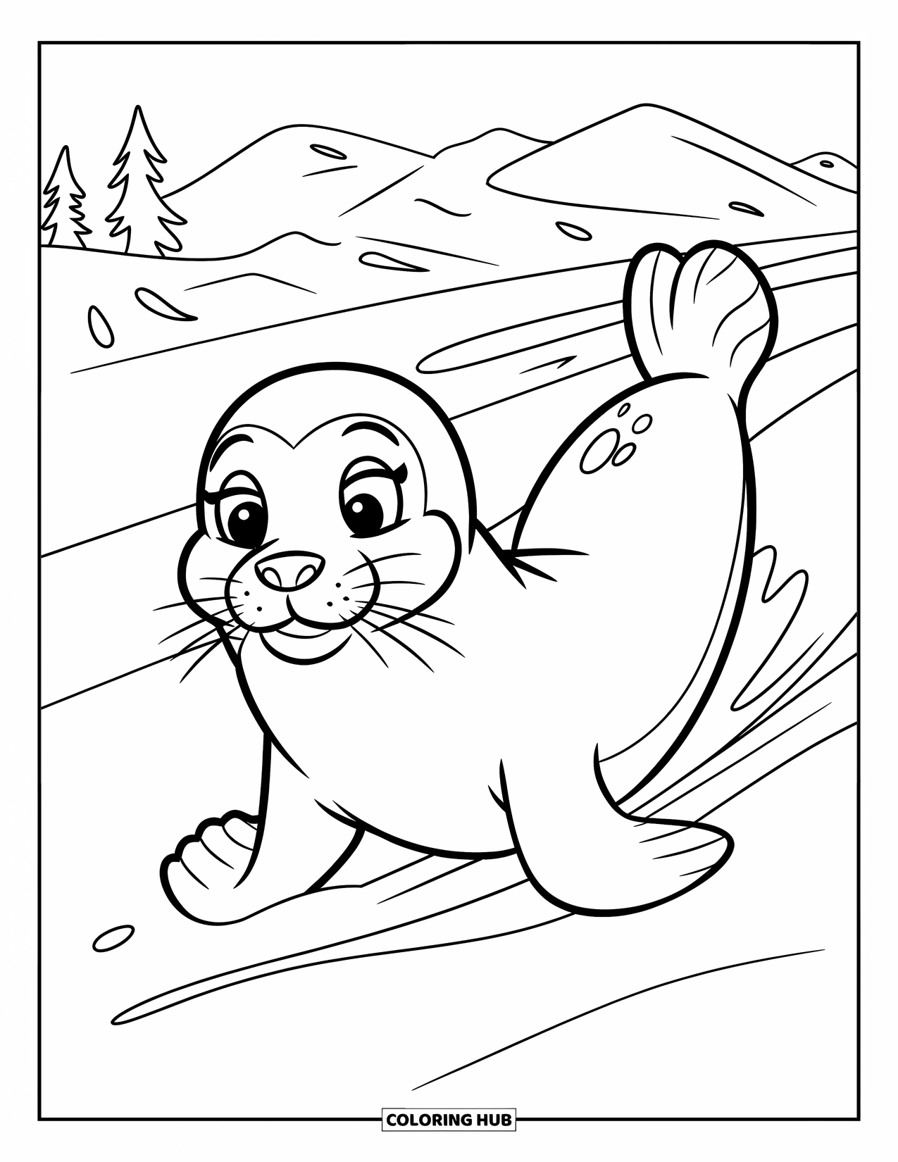 Arctic Coloring Page for Kids: A happy seal glides swiftly across the snowy ground toward the sea