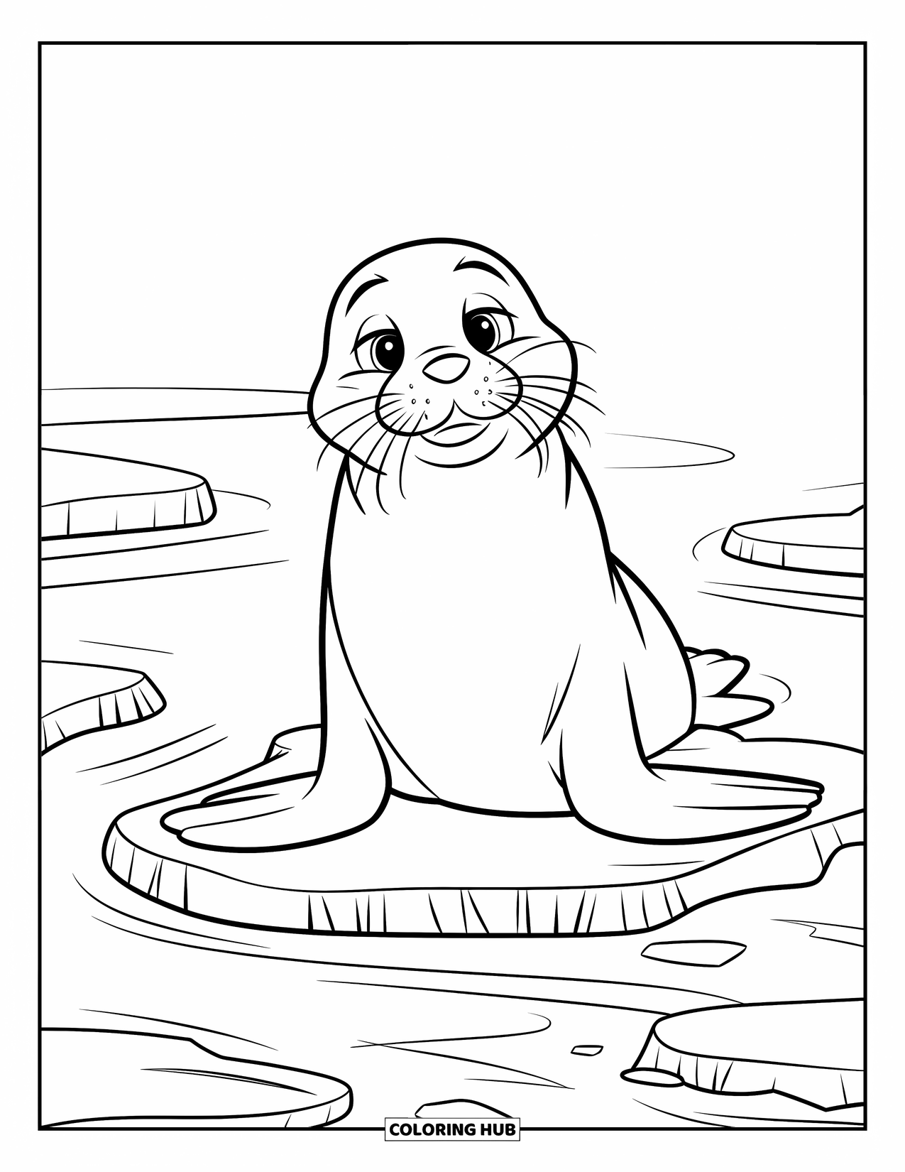 Arctic Coloring Page for Kids: A happy seal sits on ice above gentle ocean waves