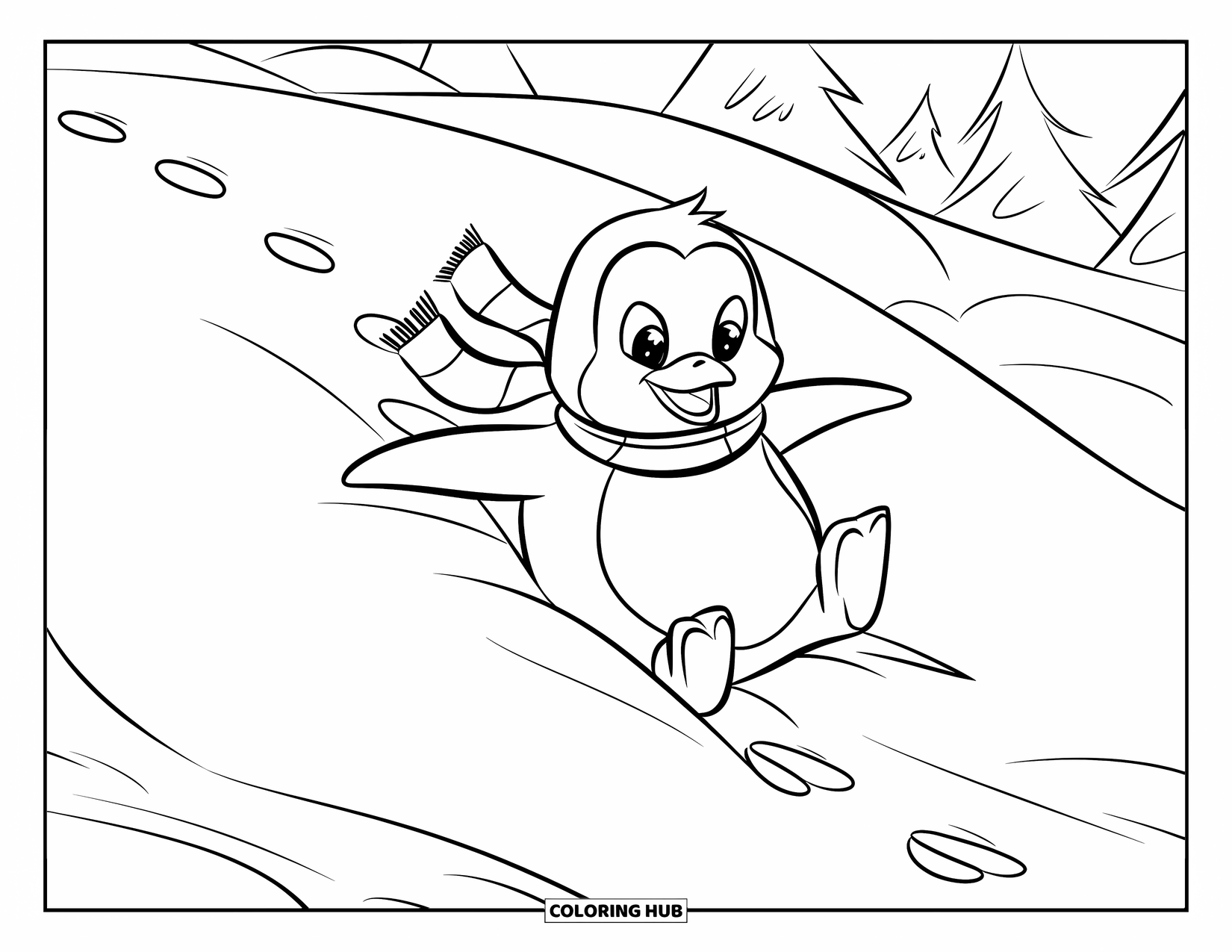 Arctic Coloring Page for Kids: A penguin with a scarf glides happily down a snowy hill