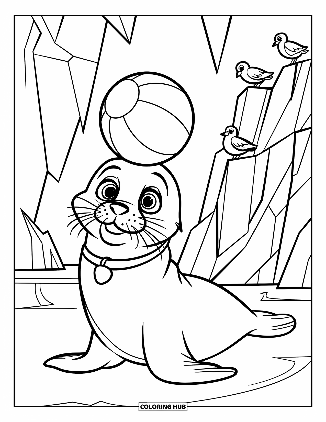Arctic Coloring Page for Kids: A playful seal balances a ball beside icy cliffs and seabirds