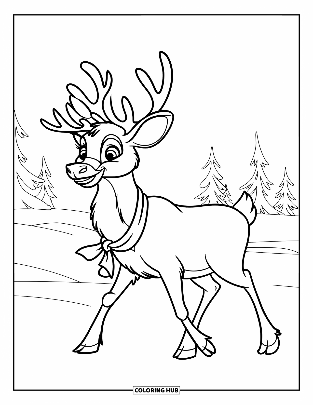 Arctic Coloring Page for Kids: A smiling caribou trots across snowy ground under a clear sky