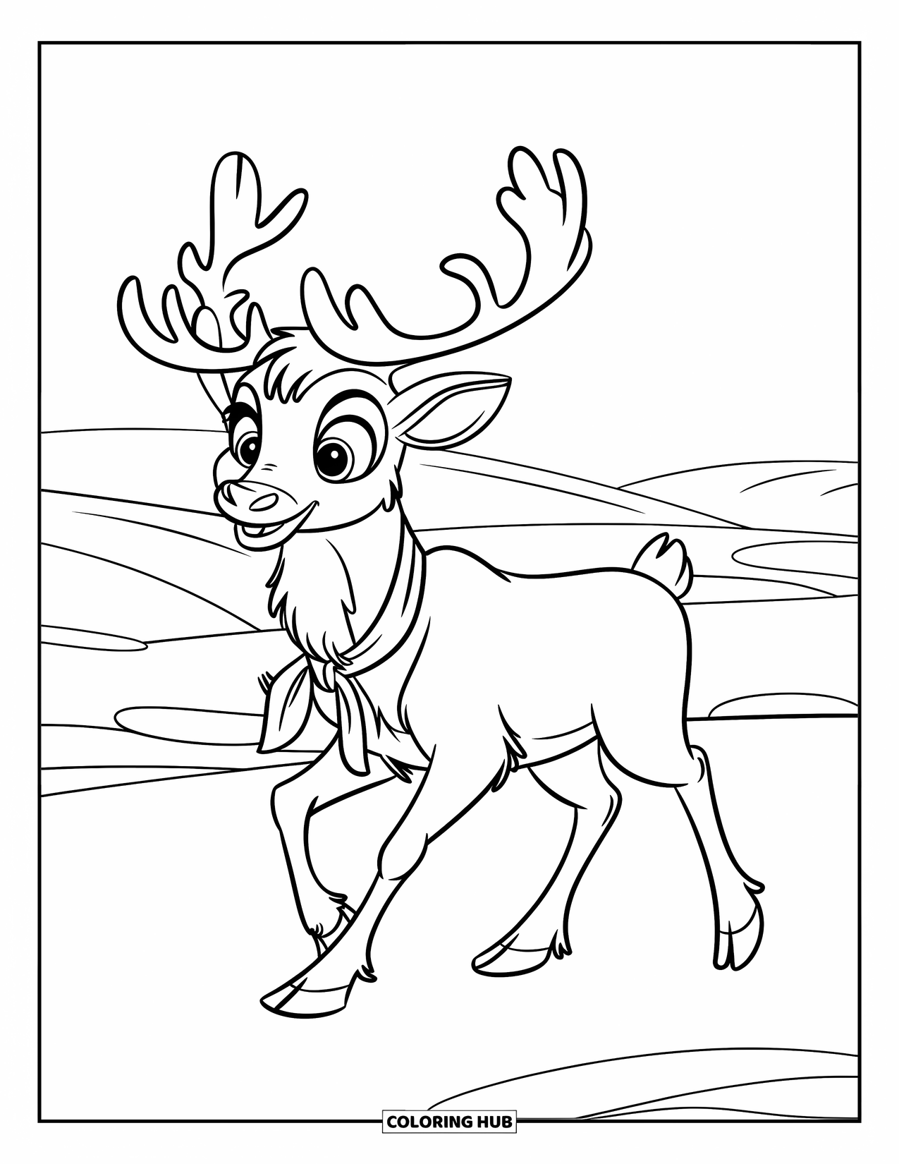 Arctic Coloring Page for Kids: A smiling caribou walks across snowy hills wearing a cozy scarf