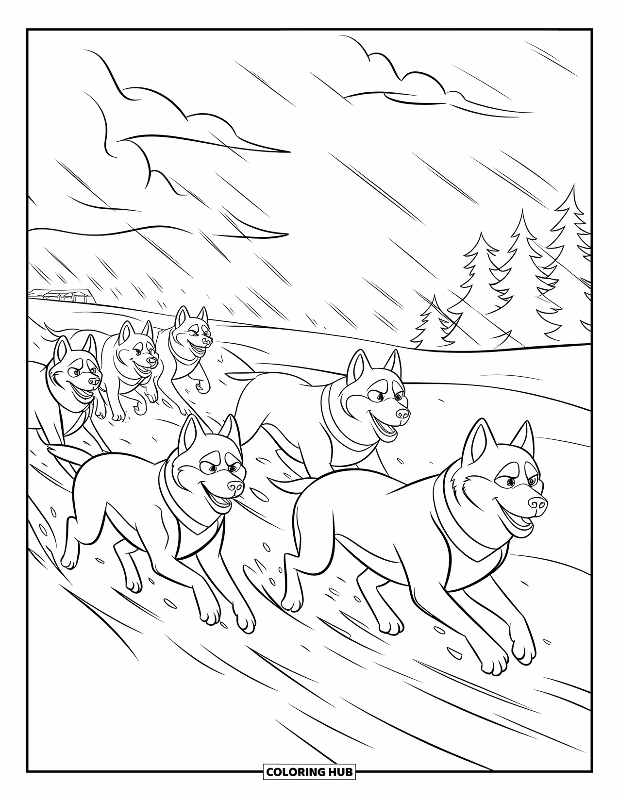 Arctic Coloring Page for Kids: A team of huskies dashes through deep snow past mountains and clouds