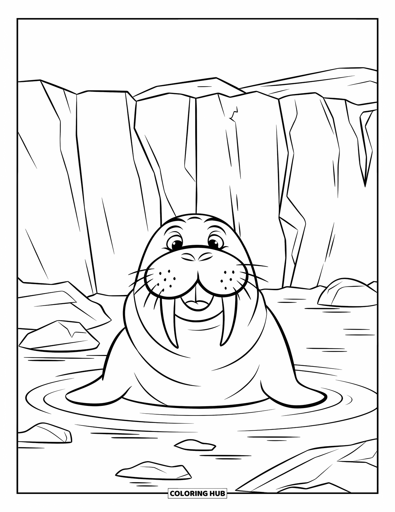 Arctic Coloring Page for Kids: A walrus pops up near a glacier surrounded by floating icebergs