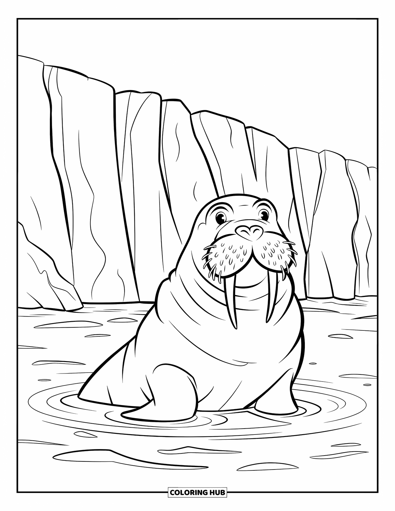 Arctic Coloring Page for Kids: A walrus with tusks emerges beside a cracked glacier and calm water