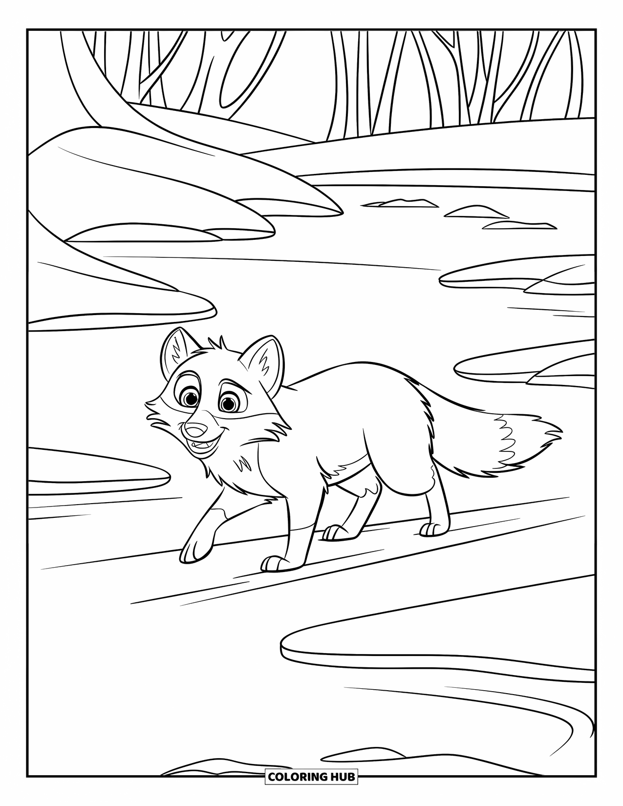 Arctic Coloring Page for Kids: An Arctic fox strolls across a frozen river surrounded by snowy trees