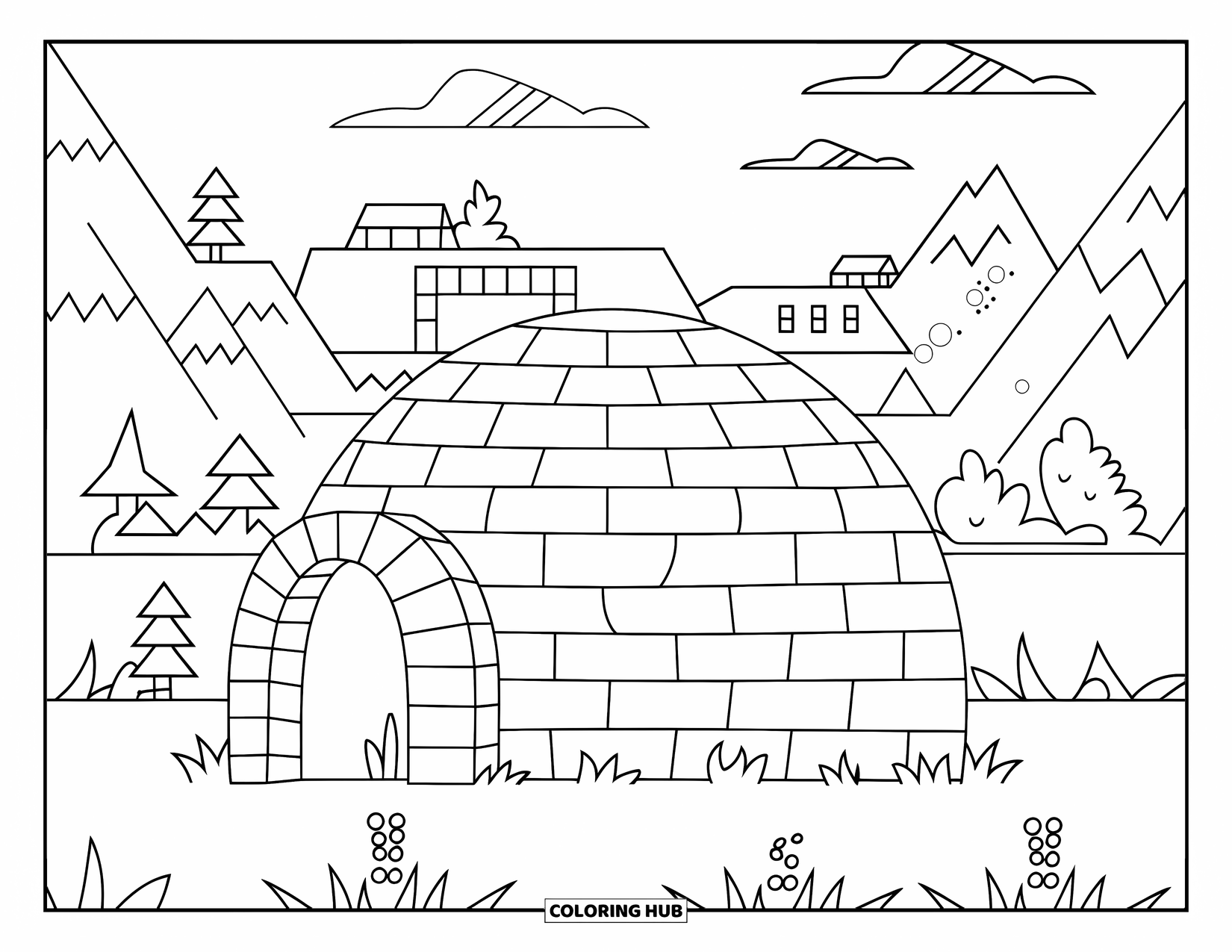 Arctic Coloring Page for Kids: An igloo rests among snowy hills with trees and mountains behind