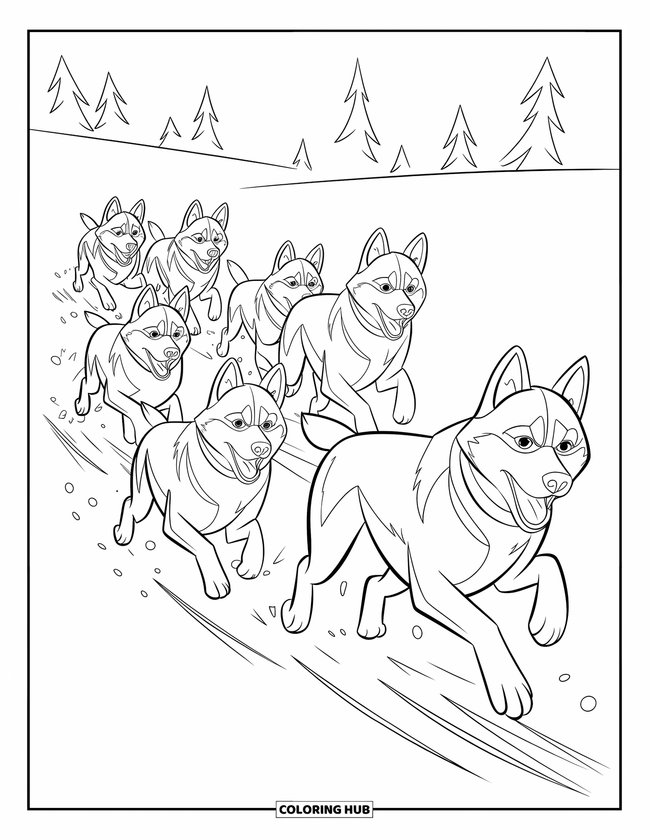 Arctic Coloring Page for Kids: Six huskies run through a snowstorm surrounded by trees and flying snow