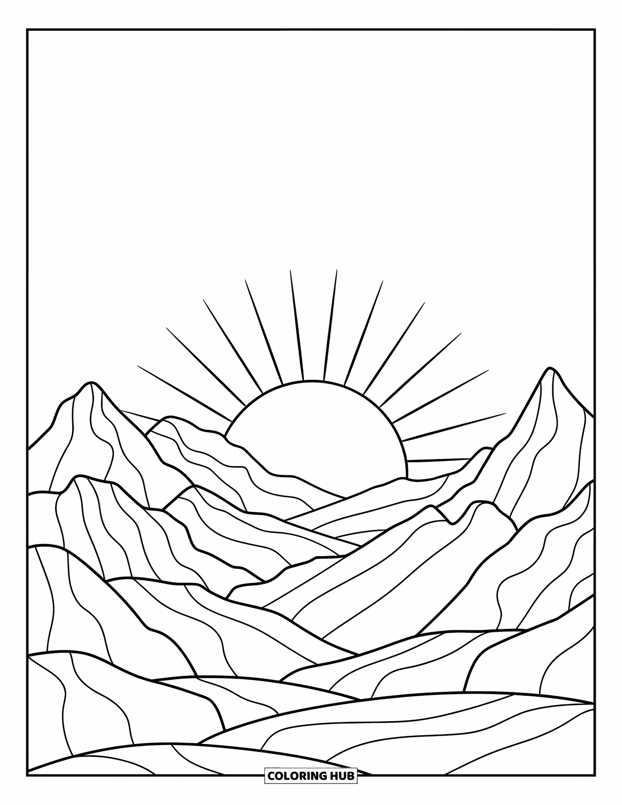 Arctic Coloring Page for Kids: The sun rises above snowy mountains under a clear morning sky