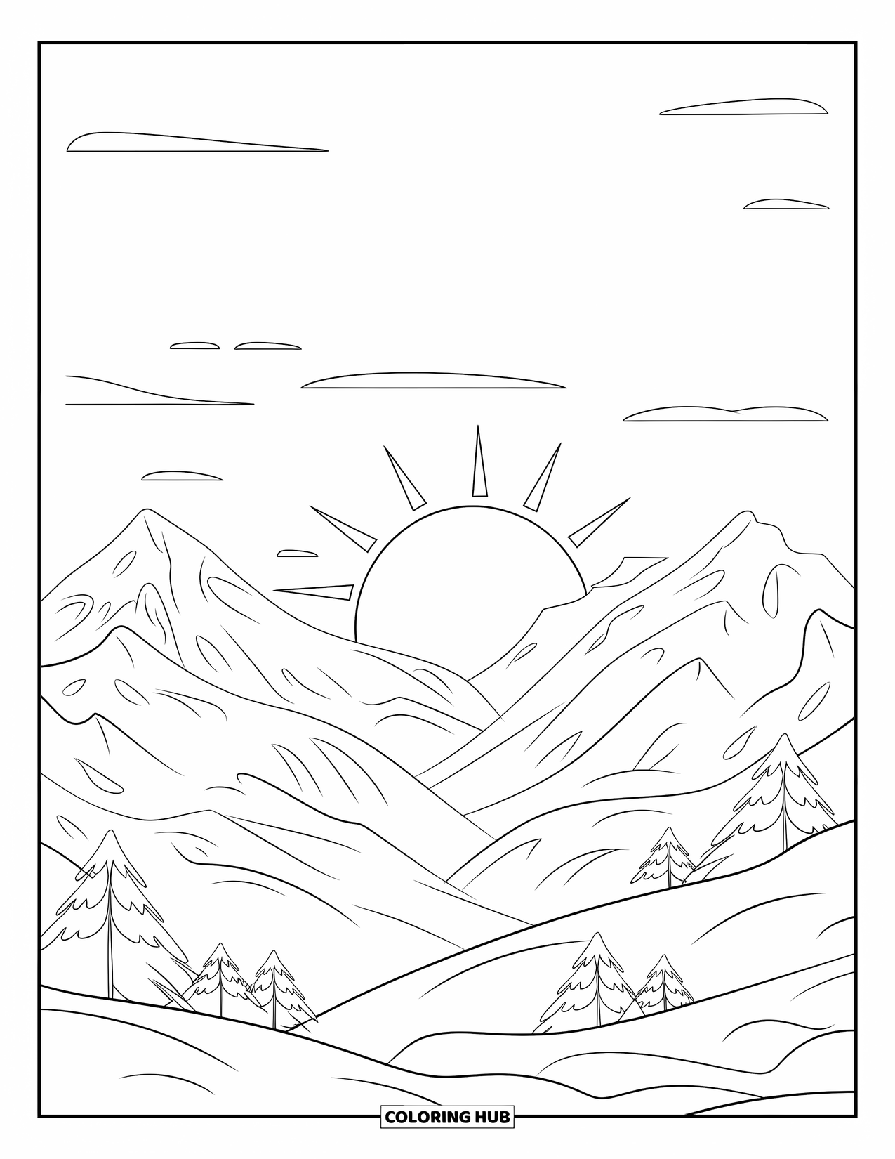 Arctic Coloring Page for Kids: The sun rises peacefully over snowy mountain peaks