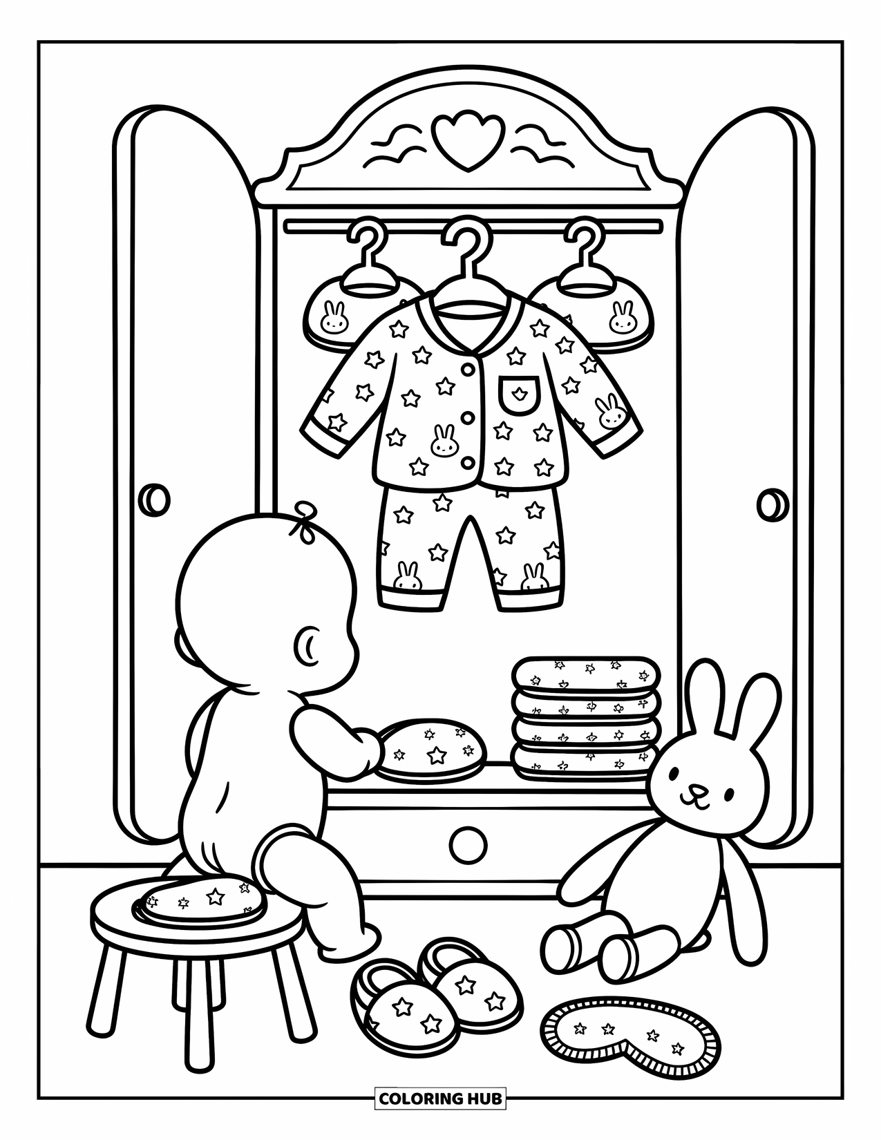 Baby Doll Coloring Page for Adults: A baby doll admires her pajamas with stars, clouds, and bunnies hanging nearby