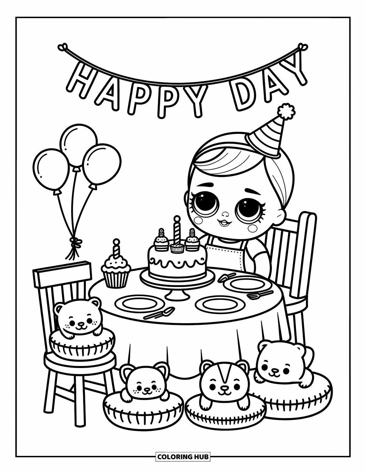 Baby Doll Coloring Page for Adults: A baby doll celebrates with cake, balloons, and plush friends at her tiny table