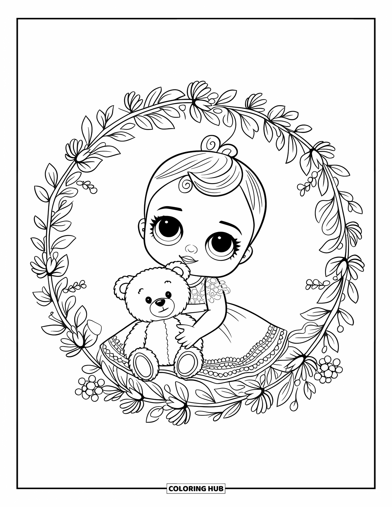 Baby Doll Coloring Page for Adults: A baby doll cuddles her teddy within a wreath of flowers and vines