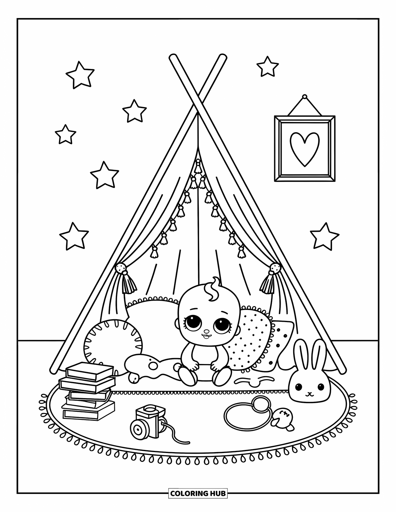 Baby Doll Coloring Page for Adults: A baby doll cuddles in her tent filled with toys, books, and fluttering stars