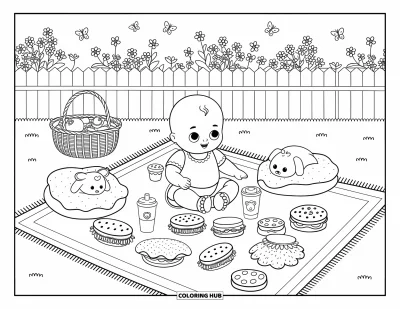 어른을 위한 아기 인형 색칠공부: 아기 인형이 봉제 인형들과 장난감 간식을 들고 잔디밭에서 즐거운 소풍을 즐기는 모습