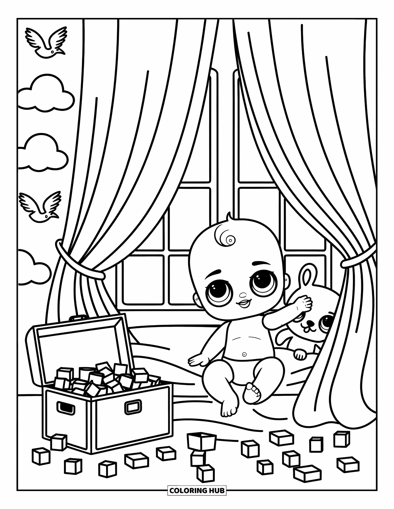 Baby Doll Coloring Page for Adults: A baby doll laughs while playing peekaboo with her plush toy near the window