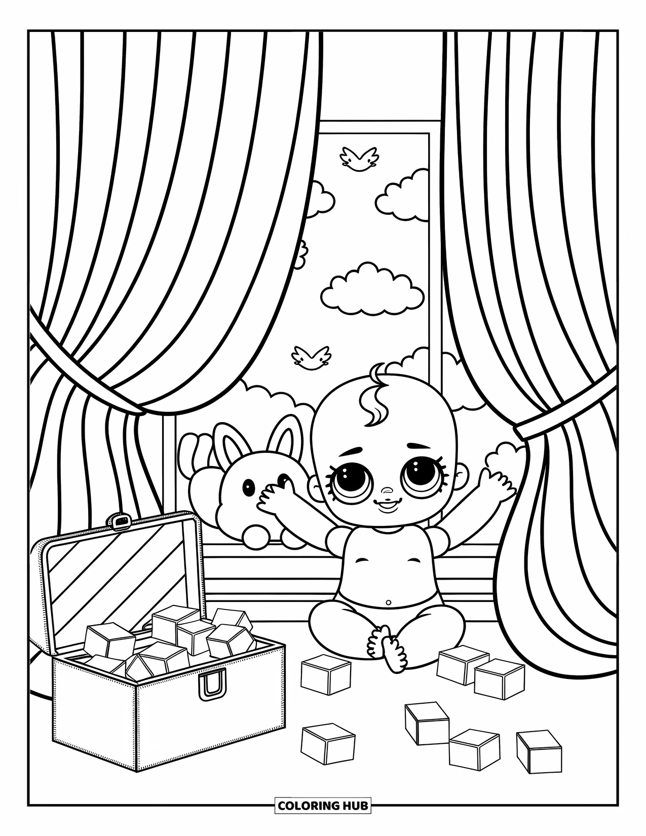 Baby Doll Coloring Page for Adults: A baby doll peeks behind soft curtains to find her plush friend hiding