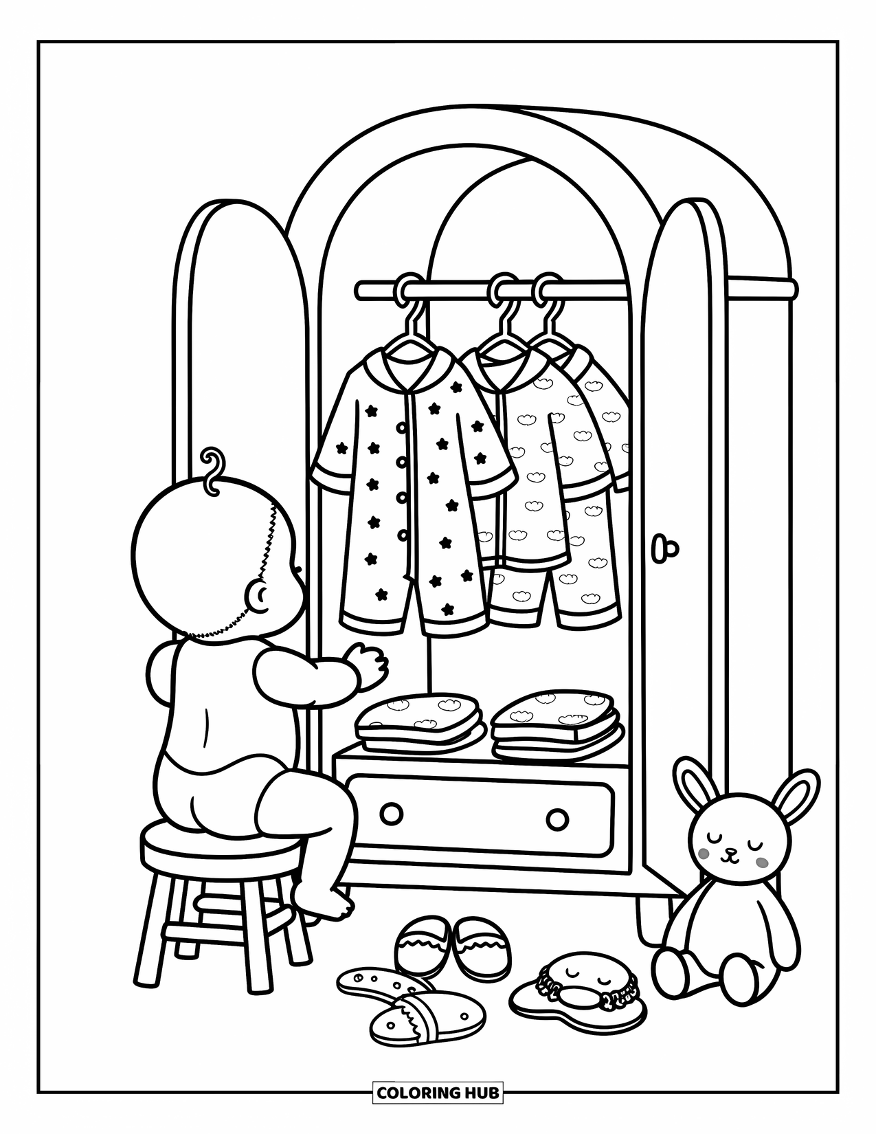 Baby Doll Coloring Page for Adults: A baby doll picks her favorite pajamas beside her tiny stool and plush toy